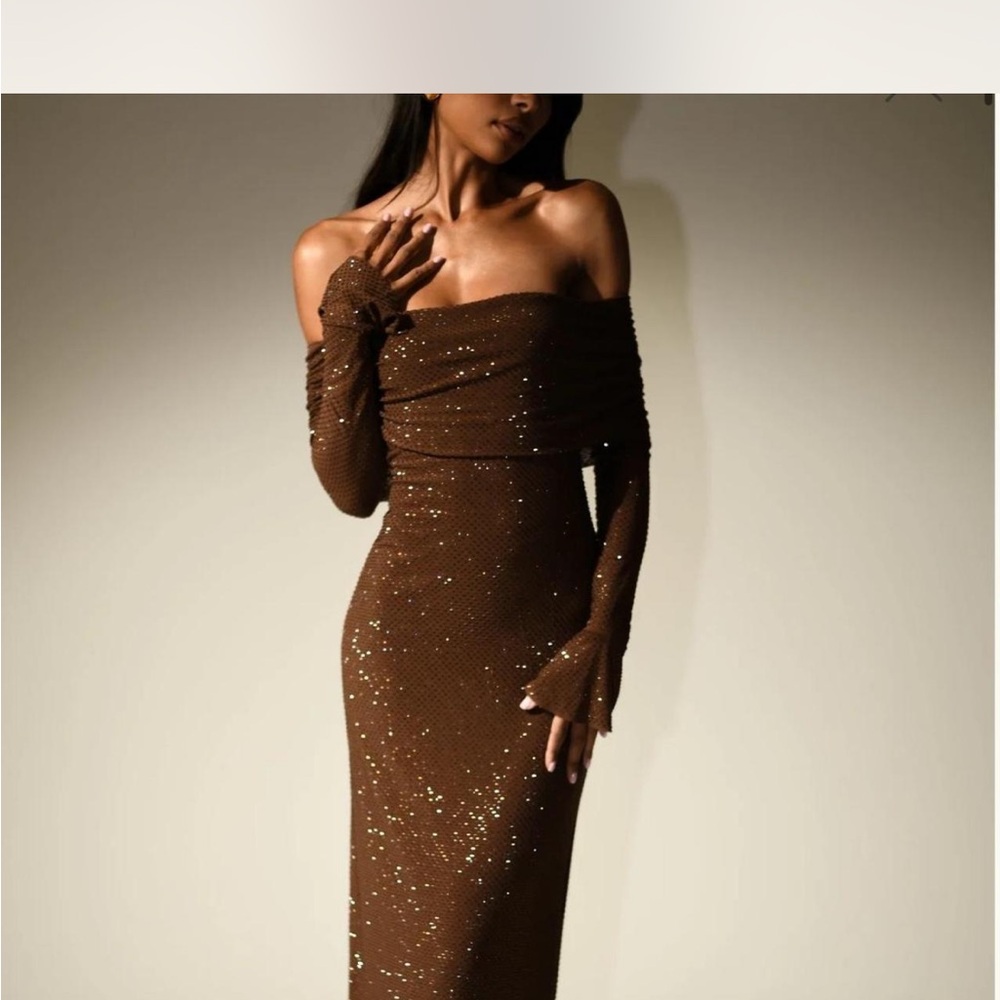 Meshki Brown Sequin Off-Shoulder Dress